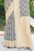 Grey Cotton Thread Work Saree With Blouse Piece