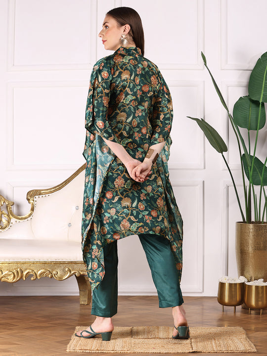 Green Floral Printed Asymmetric Kimono Sleeve Kaftan Kurta with Trousers