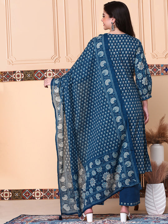 Floral Printed Round Neck Three-Quarter Sleeves Cotton Kurta with Trousers & Dupatta
