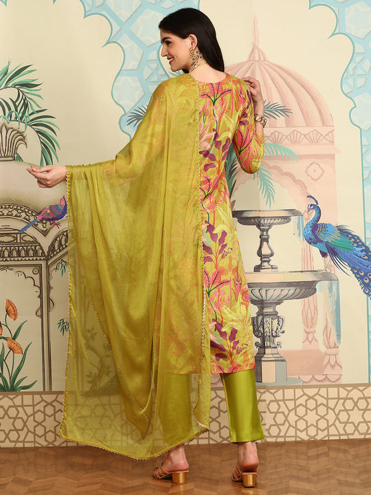 Yellow Floral Printed Straight Kurta With Trousers & Dupatta