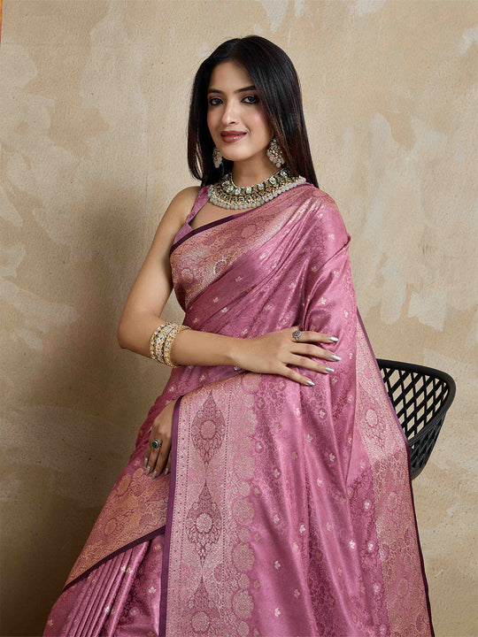 Onion-Pink Pure Satin Banarasi Saree With Tassels Saree With Blouse Piece