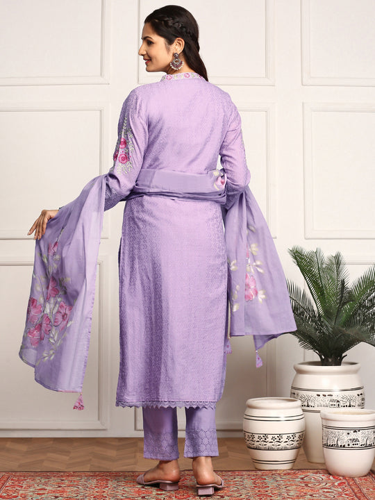 Purple Floral Embroidered Schiffli Pure Cotton Kurta With Trousers & Dupatta