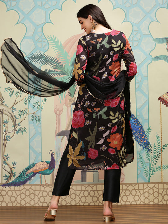Floral Printed V-Neck Three-Quarter Sleeves Kurta with Trousers & With Dupatta