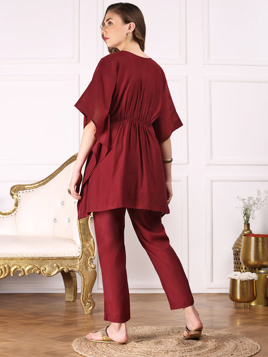 Maroon Kimono Sleeve Asymmetric Kaftan Kurti with Trousers