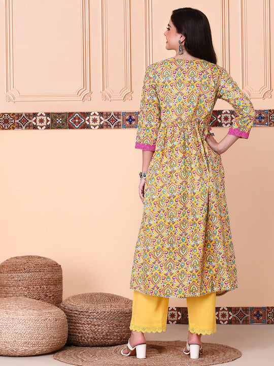 Floral Printed V-Neck Empire Pure Cotton Kurta with Trousers