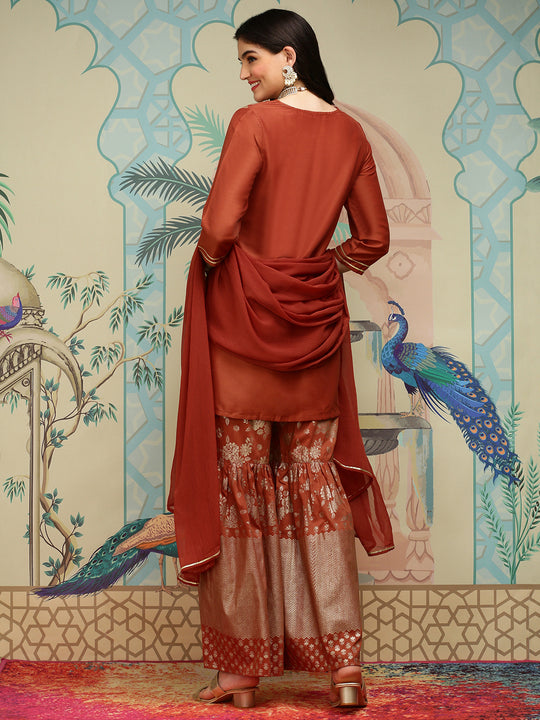 Floral Printed Round Neck Three-Quarter Sleeves Kurti with Sharara & With Dupatta