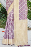 Purple Cotton Thread Work Saree With Blouse Piece