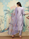 Floral Embroidered Thread Work Silk Chiffon Straight Kurta with Trousers & Dupatta