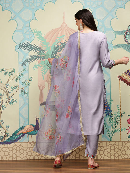 Floral Embroidered Thread Work Silk Chiffon Straight Kurta with Trousers & Dupatta