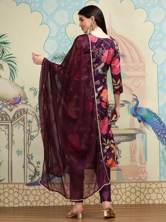 Floral Printed V-Neck Three-Quarter Sleeves Kurta with Trousers & With Dupatta