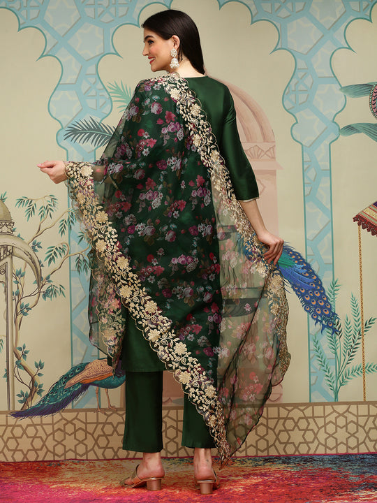Green Thread Work Silk Crepe Straight Kurta With Trousers & Dupatta