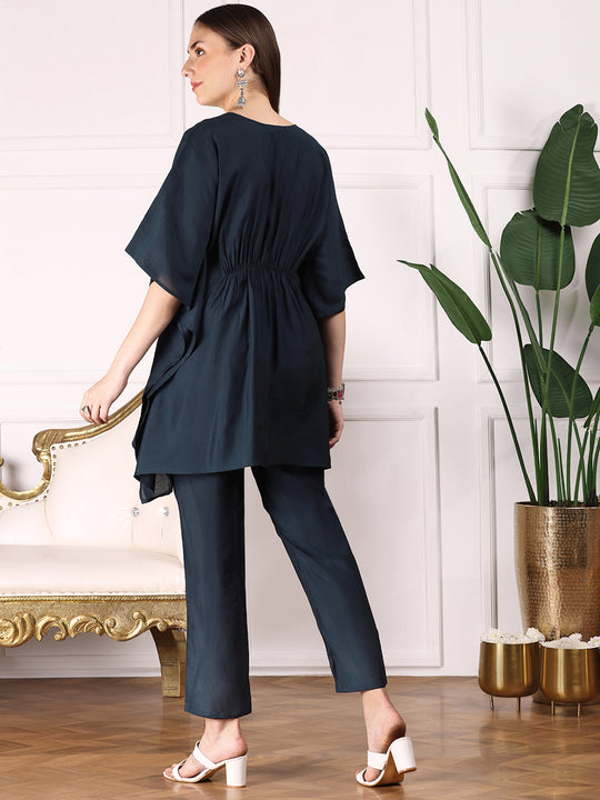 Navy Blue Kimono Sleeve Asymmetric Kaftan Kurti with Trousers