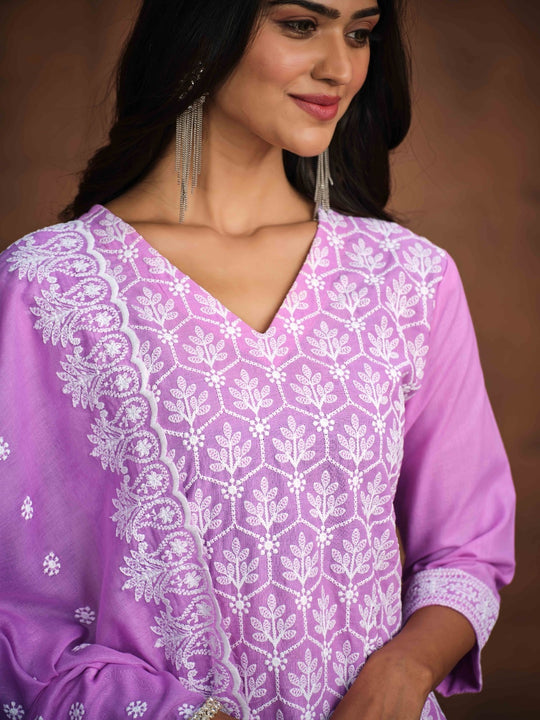 Embroidered Regular Chikankari Pure Cotton Kurta with Trousers & Dupatta