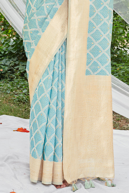 Sky Blue Cotton Thread Work Saree With Blouse Piece