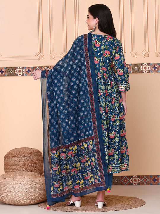 Floral Printed V-Neck Three-Quarter Sleeves Pure Cotton Kurta Set