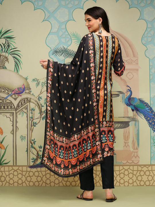 Black Floral Printed Regular Straight Kurta With Trousers & Dupatta