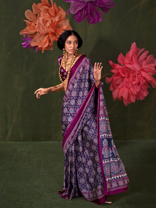 Wine Printed Ajarakh - Satin Crepe Saree With Blouse Piece