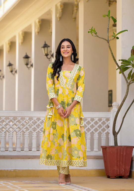 Floral Printed Panelled Beads and Stones Anarkali Kurta With Trouser & Dupatta