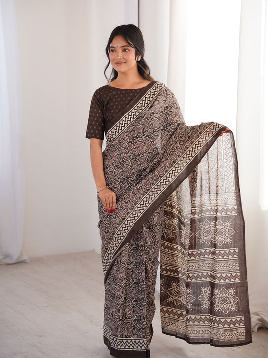 Soft Pure Cotton Hand Bagru Print Sarees With Blouse Pice