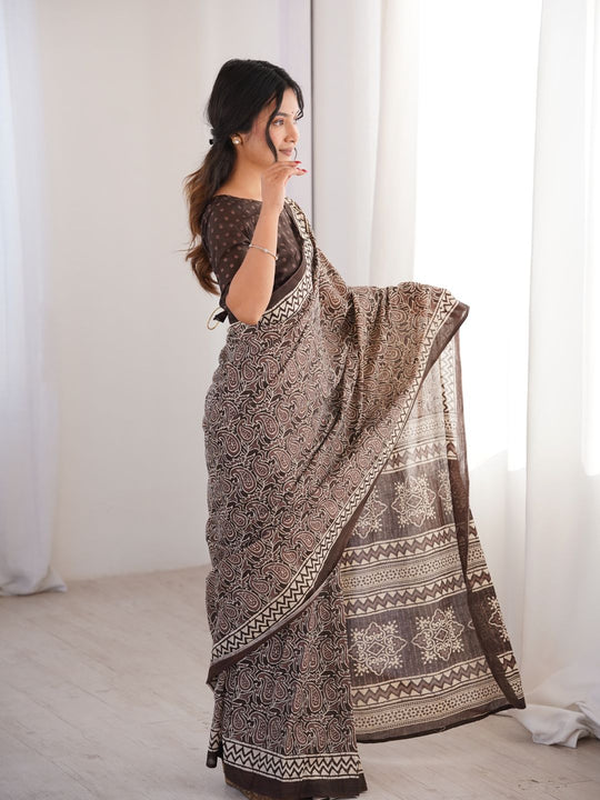Soft Pure Cotton Hand Bagru Print Sarees With Blouse Pice
