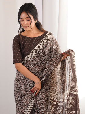 Soft Pure Cotton Hand Bagru Print Sarees With Blouse Pice