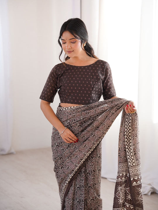 Soft Pure Cotton Hand Bagru Print Sarees With Blouse Pice