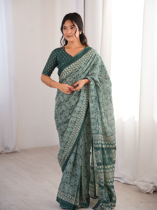 Soft Pure Cotton Hand Bagru Print Sarees With Blouse Pice