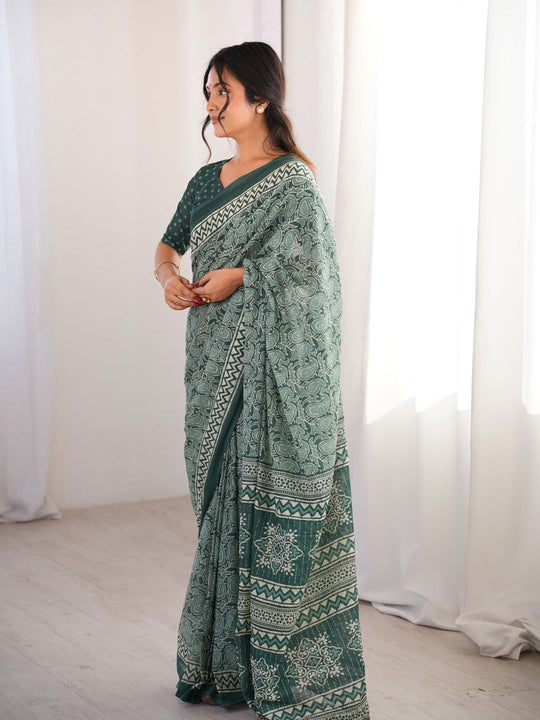 Soft Pure Cotton Hand Bagru Print Sarees With Blouse Pice