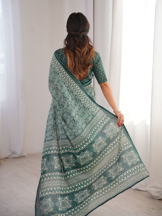 Soft Pure Cotton Hand Bagru Print Sarees With Blouse Pice