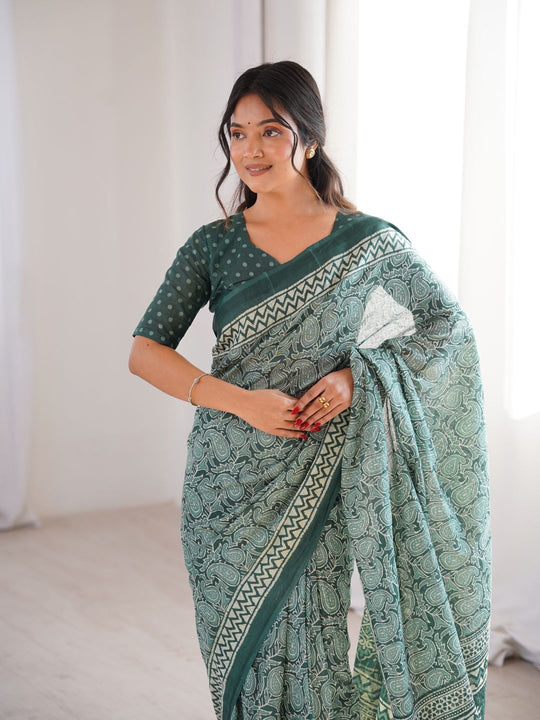 Soft Pure Cotton Hand Bagru Print Sarees With Blouse Pice
