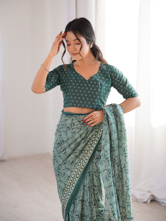 Soft Pure Cotton Hand Bagru Print Sarees With Blouse Pice