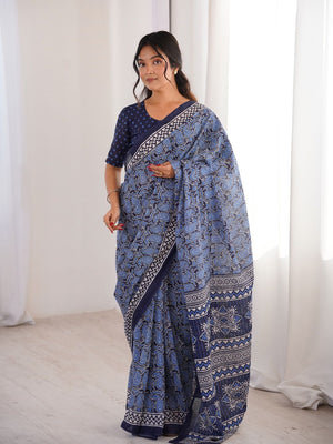 Soft Pure Cotton Hand Bagru Print Sarees With Blouse Pice