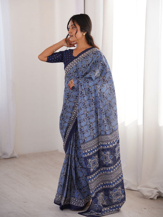Soft Pure Cotton Hand Bagru Print Sarees With Blouse Pice