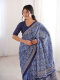 Soft Pure Cotton Hand Bagru Print Sarees With Blouse Pice
