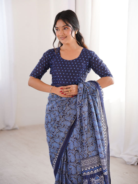 Soft Pure Cotton Hand Bagru Print Sarees With Blouse Pice