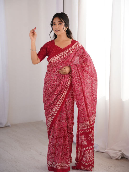 Soft Pure Cotton Hand Bagru Print Sarees With Blouse Pice