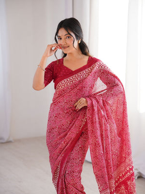 Soft Pure Cotton Hand Bagru Print Sarees With Blouse Pice
