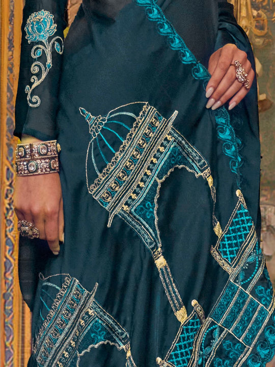 Satin Chiffon Fabric With Multi Thread Embroidery Work
