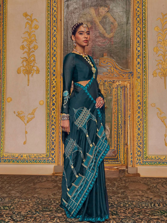 Satin Chiffon Fabric With Multi Thread Embroidery Work
