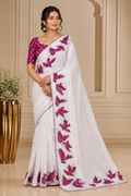 White Embroidered Saree With Blouse Piece