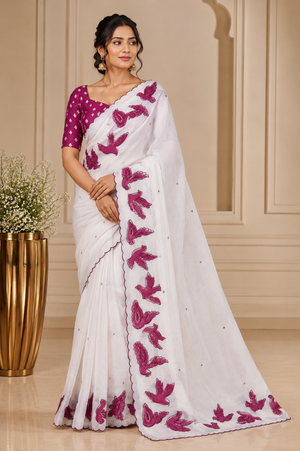 White Embroidered Saree With Blouse Piece