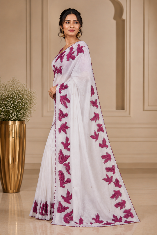 White Embroidered Saree With Blouse Piece