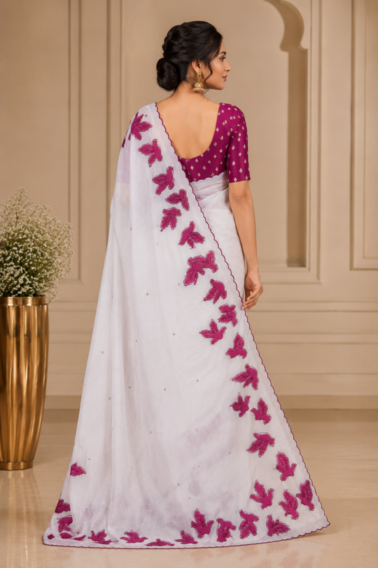 White Embroidered Saree With Blouse Piece