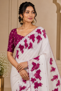 White Embroidered Saree With Blouse Piece