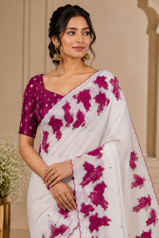 White Embroidered Saree With Blouse Piece