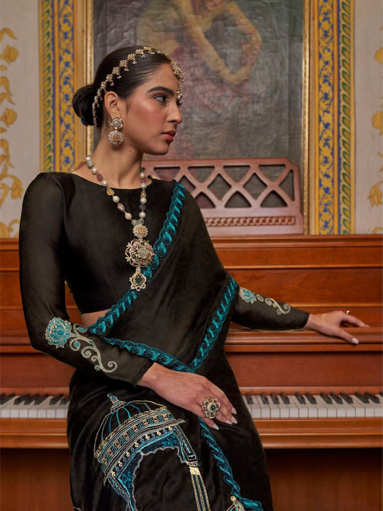 Satin Chiffon Fabric With Multi Thread Embroidery Work