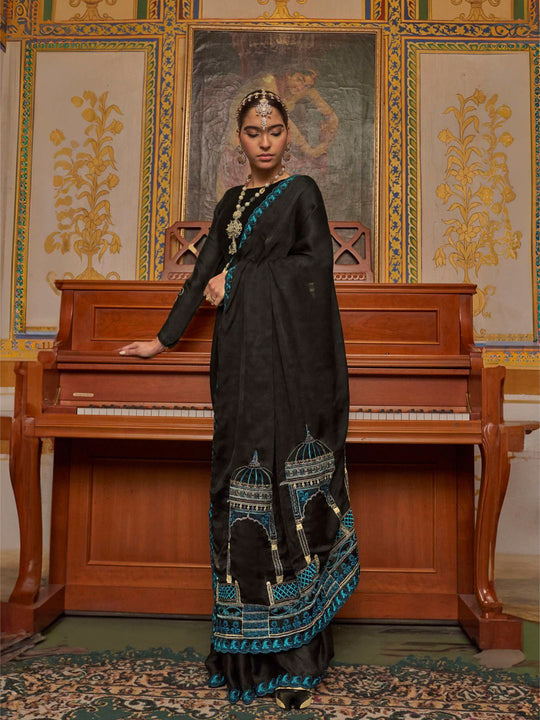 Satin Chiffon Fabric With Multi Thread Embroidery Work