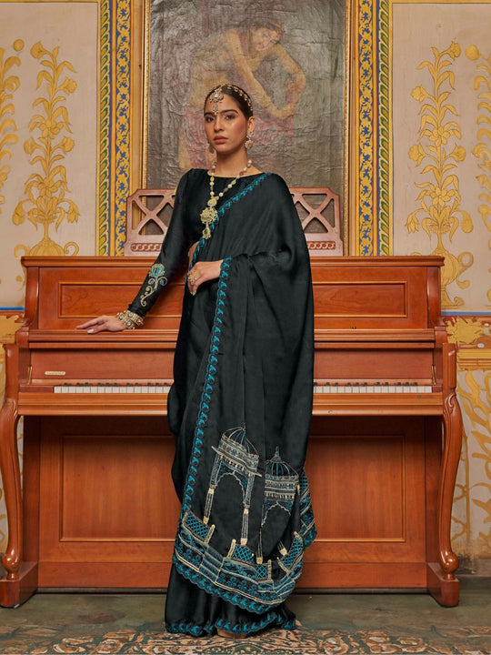 Satin Chiffon Fabric With Multi Thread Embroidery Work