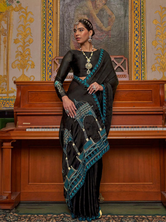 Satin Chiffon Fabric With Multi Thread Embroidery Work