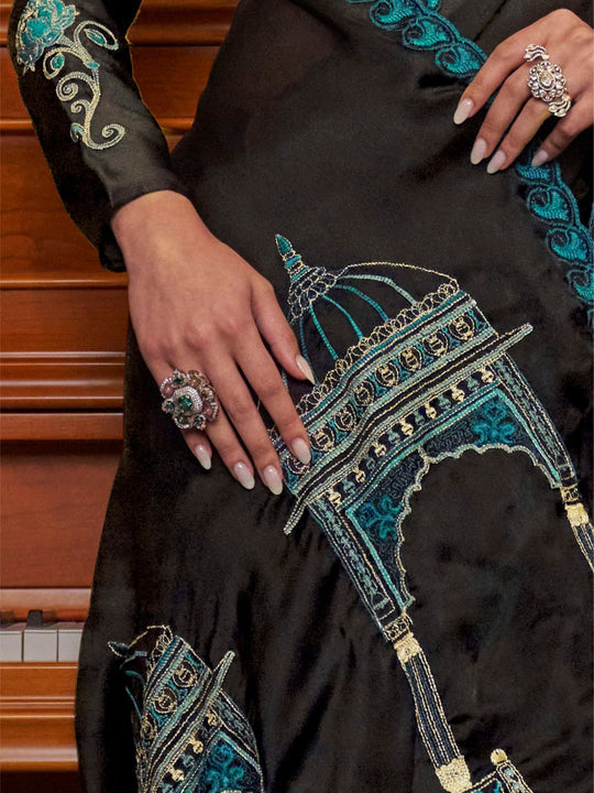 Satin Chiffon Fabric With Multi Thread Embroidery Work